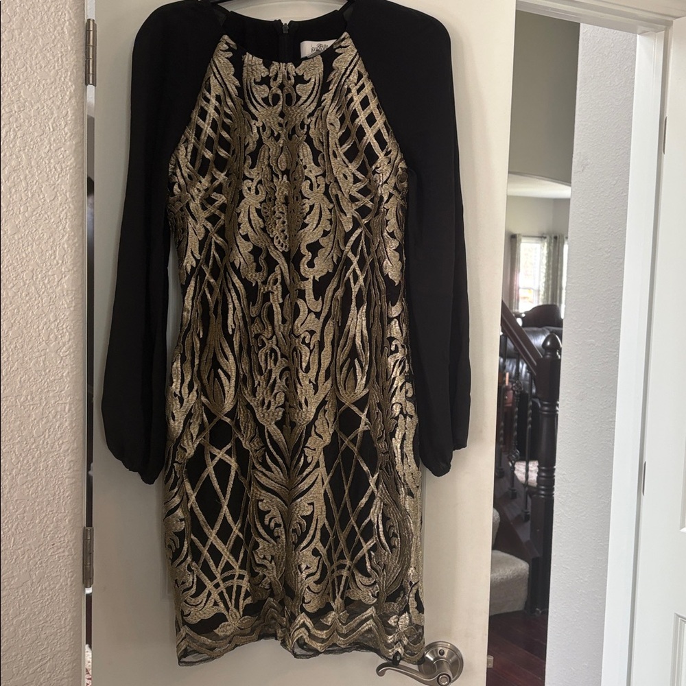 Badgley Mischka Belle Black Gold Embroidered Long Sleeve Cocktail Dress Size 10